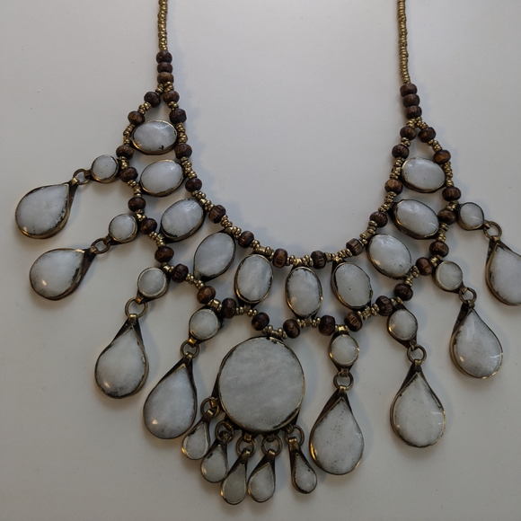 White onyx stone bib necklace kuchi tribal Afghan jewelry - Picture 2 of 3